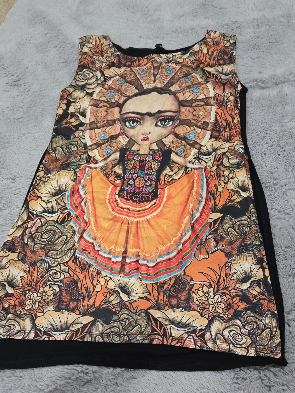 Ay Guey Frida Kahlo Orange Floral Graphic Open Side Dress